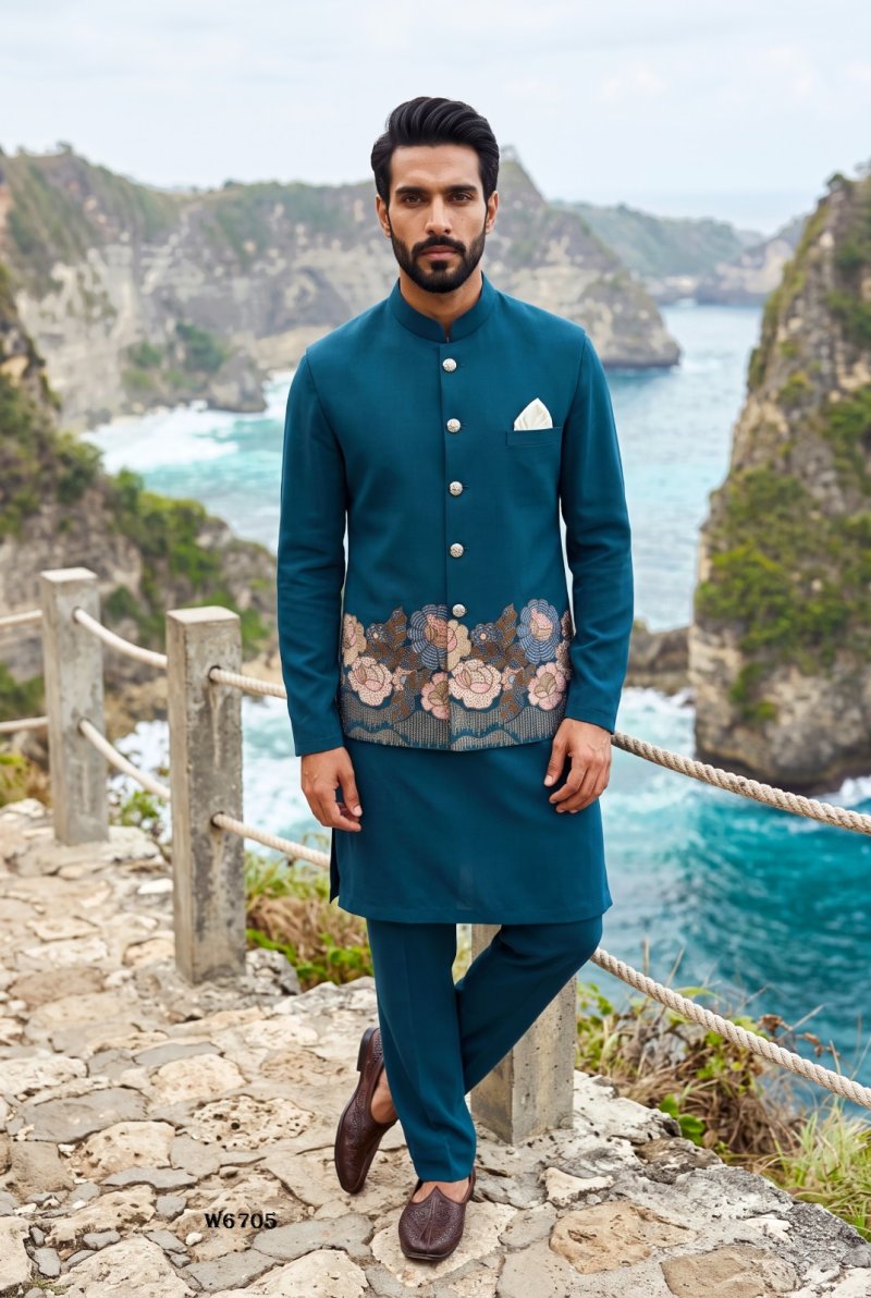 Rama Blue Outluk Wedding Vol 67 Soft Silk Modi Jacket Kurta Pajama W6705